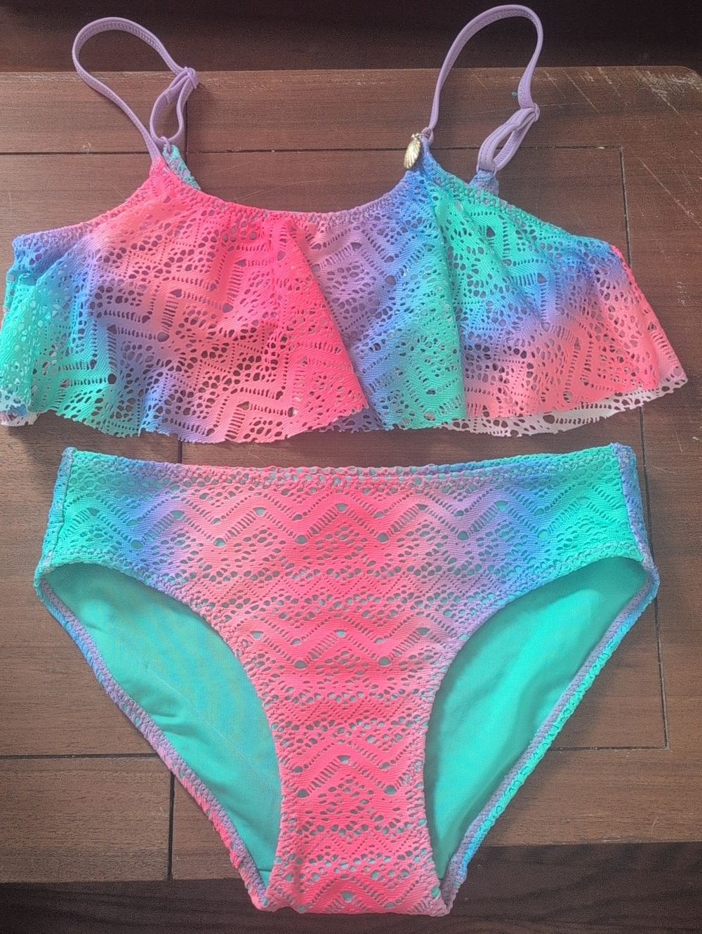 H&M Girls Pink Purple Teal Lace Overlay Bikini Set